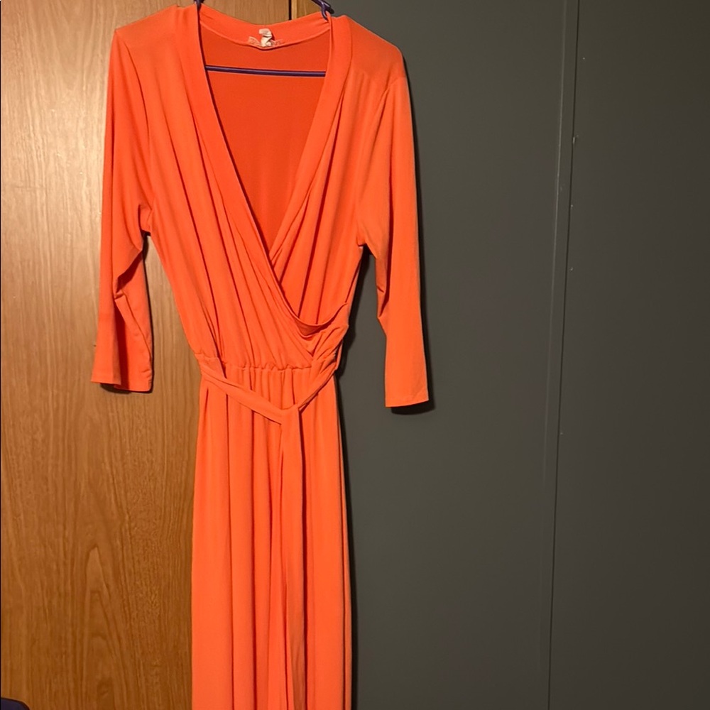 Orange Sheath Dress with Plunge Neckline and 3/4 Sleeves for Cocktail